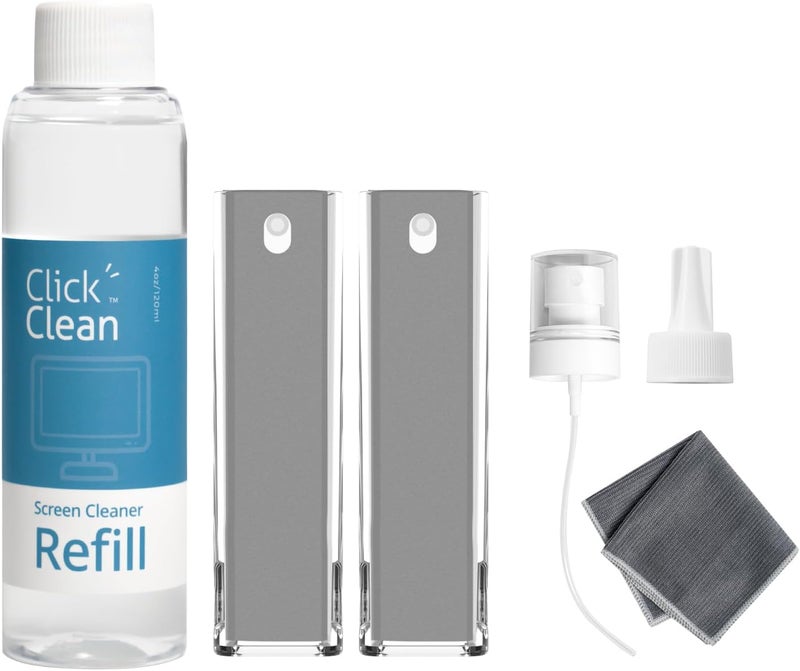 CLICK CLEAN Screen Cleaner Kits - 2 All-in-One Mist Cleaner with 4 oz Refill, 1 Microfiber Cloth(7.8 x 7.8in), 1 Mini Funnel, and 1 Sprayer - for All Phones, Laptop and Tablet Screens - Image 1